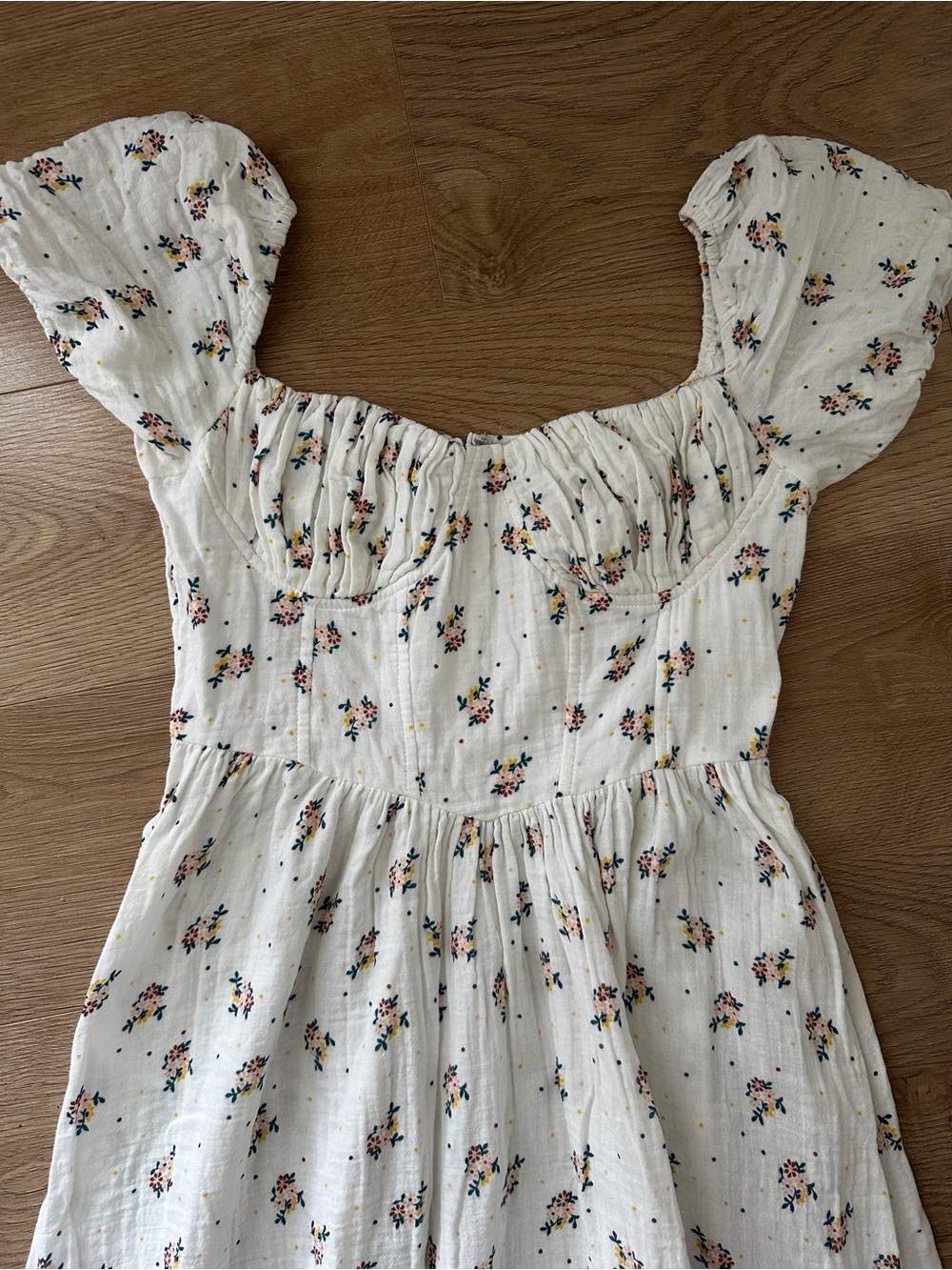 Romanic Garden Girl White Floral Bodice Puff-Sleeve Cotton Maxi Dress sz L - Picture 3 of 14
